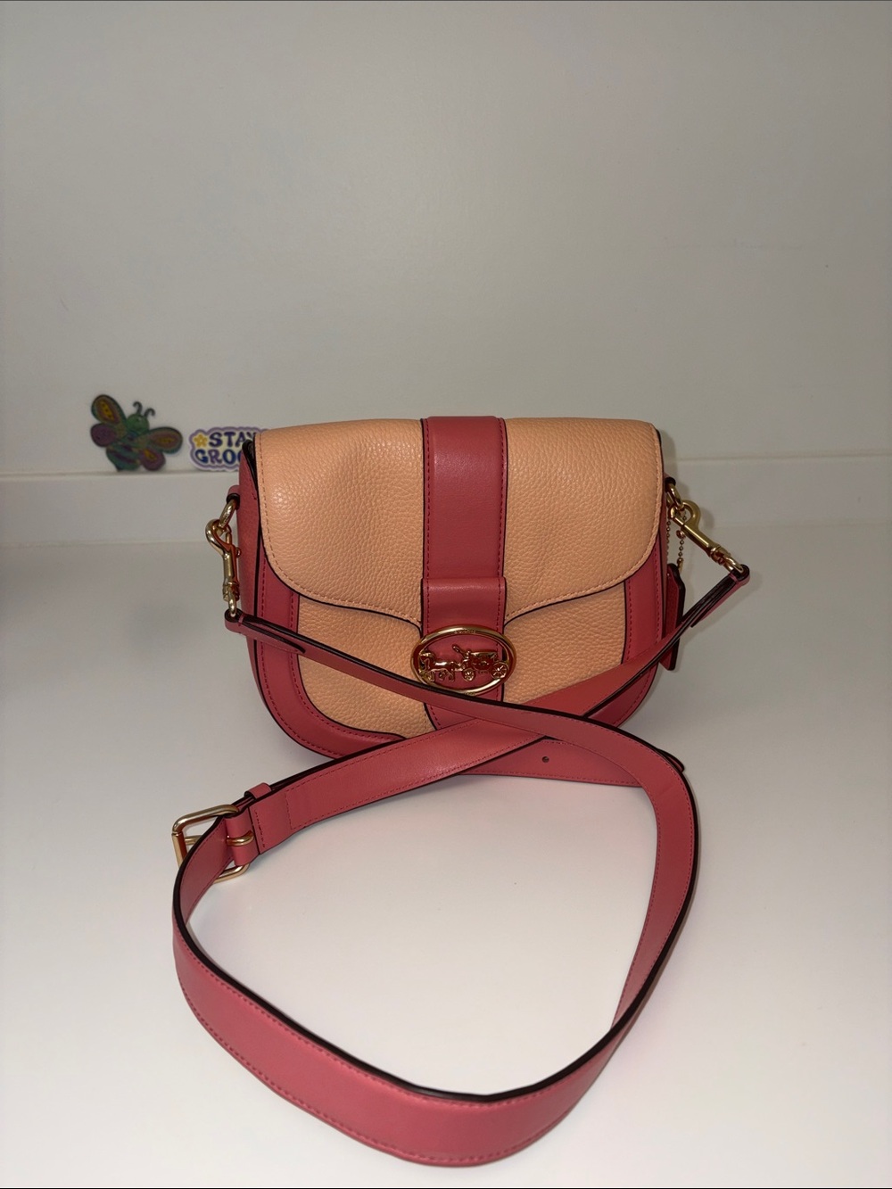 Coach Georgie Saddle Bag Pebbled Leather Faded Blush Taffy Color-block Design